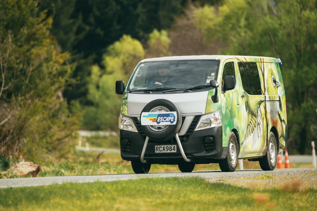An Escape campervan driving on the New Zealand roads. 