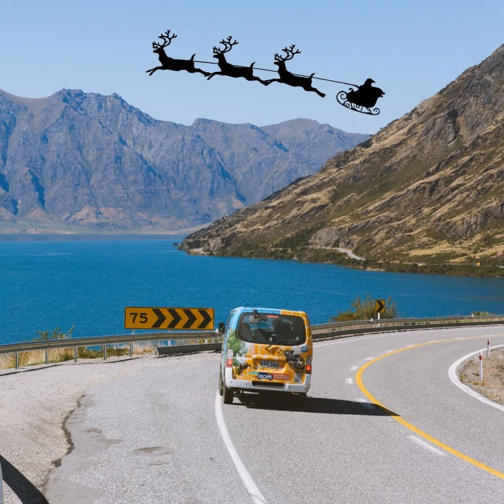Christmas reindeer Escape rentals campervan with beautiful mountain ocean view with Christmas reindeer