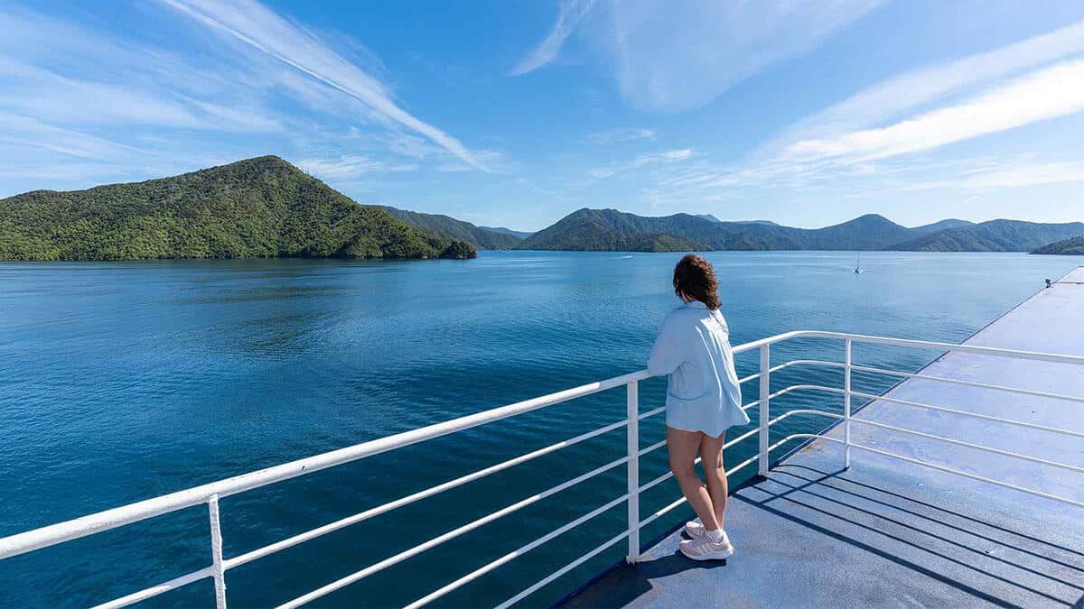Escape Rentals Bluebridge Ferry crossing during beautiful summer day in the Marlbrough Sounds